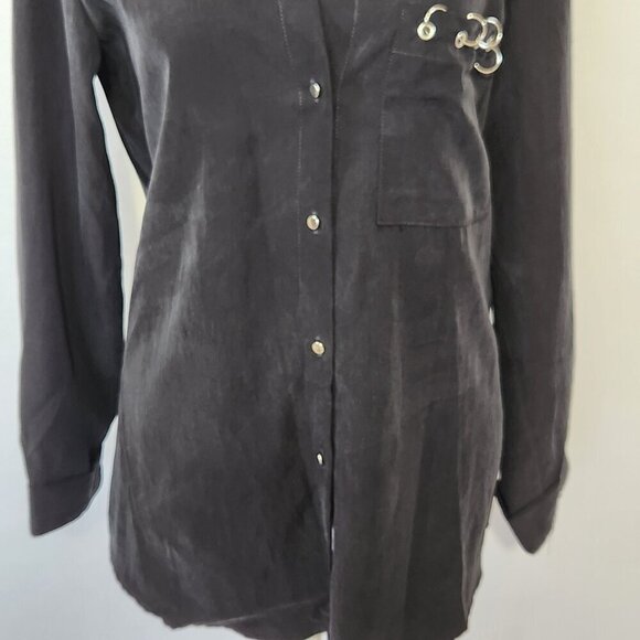 Zara Women's Size M Black Lyocell Ringed Accent Long Sleeve Button Up Shirt Goth - Picture 4 of 16